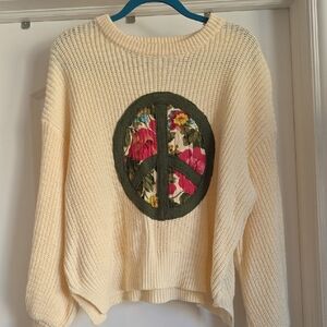EUC Oversized Small POL Cream Sweater with Floral Peace Emblem
